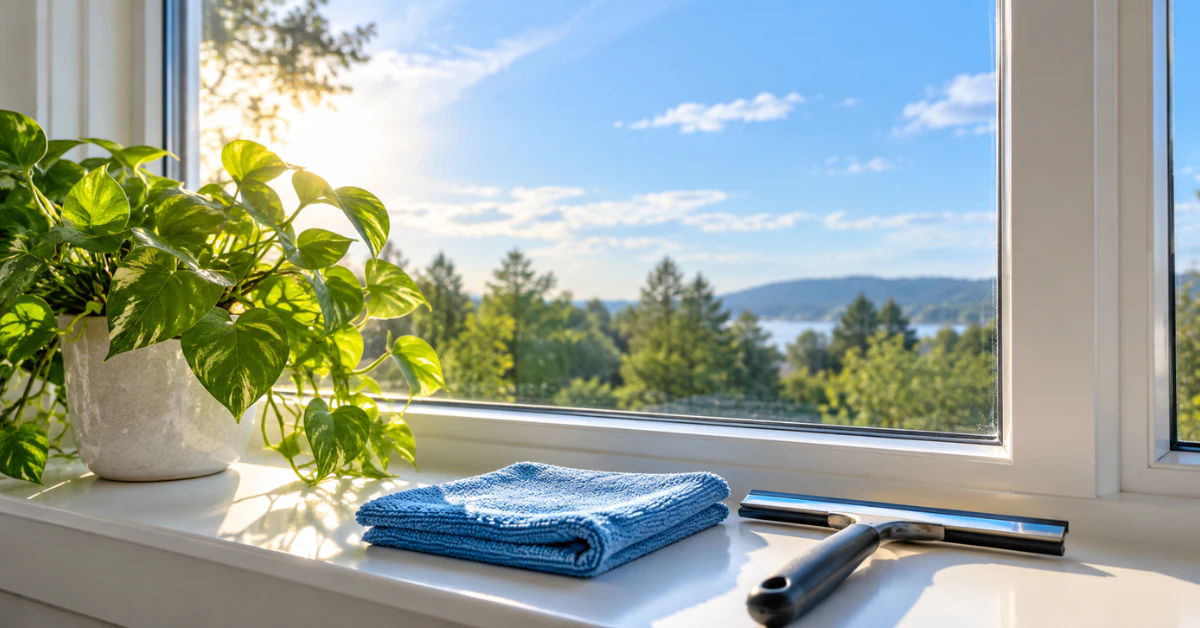Clean streak-free window with morning light, a houseplant on the sill, and a microfiber cloth and squeegee beside it