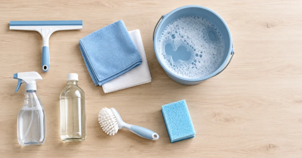 What you need to clean windows streak free: squeegee, microfiber cloths, bucket, spray bottle, and vinegar