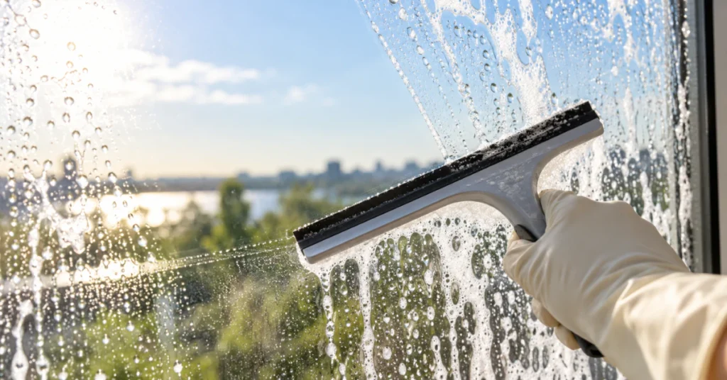 Method 1 squeegee: gloved hand pulling a squeegee across a soapy window in overlapping strokes