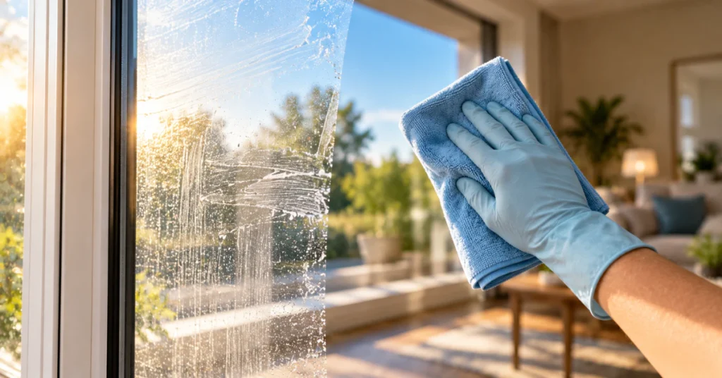 Method 2 microfiber cloth: buffing a window dry, with one half streaky and the other half clear