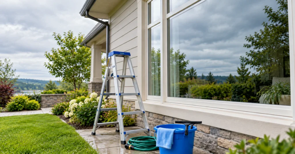 Outside and upper-floor windows: stepladder on level ground beside a clean window, with a bucket and hose
